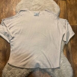 LIV Milano Sweater Blouse Size XL Mesh Pearl Sleeve Cutout Womens Cream Tan